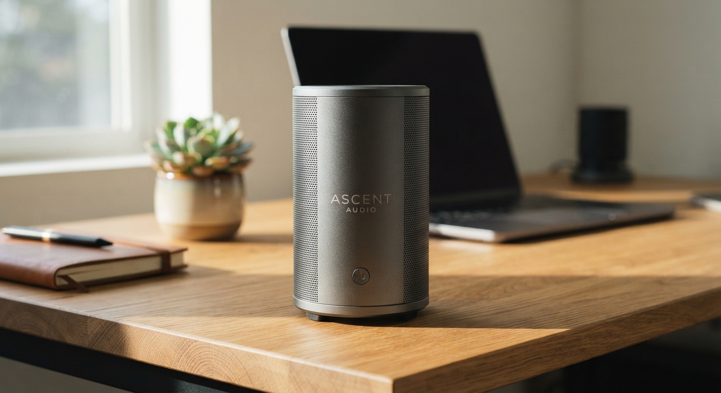 רמקול אלחוטי יוקרתי של Ascent Audio על גבי שולחן עבודה מעץ לצד מחשב נייד